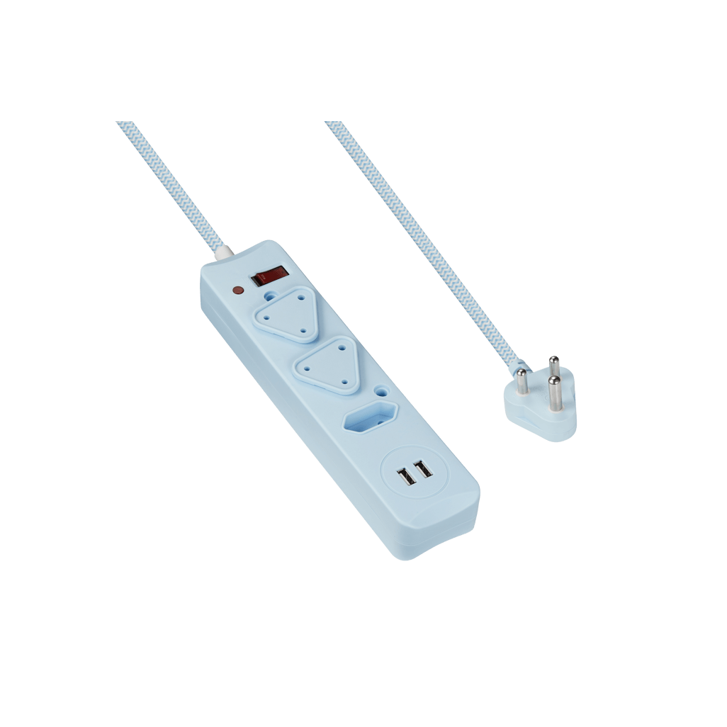 SWITCHED 3 Way Medium Surge Protected Multiplug with Dual 2.4A USB Ports 0.5M Braided Cord Blue