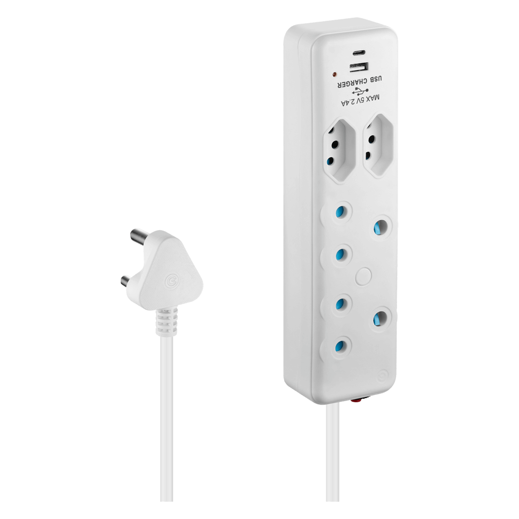 SWITCHED 4 Way Extension Lead with 1 Type C and 1 USB port, 2M power cable for versatile charging and power management.
