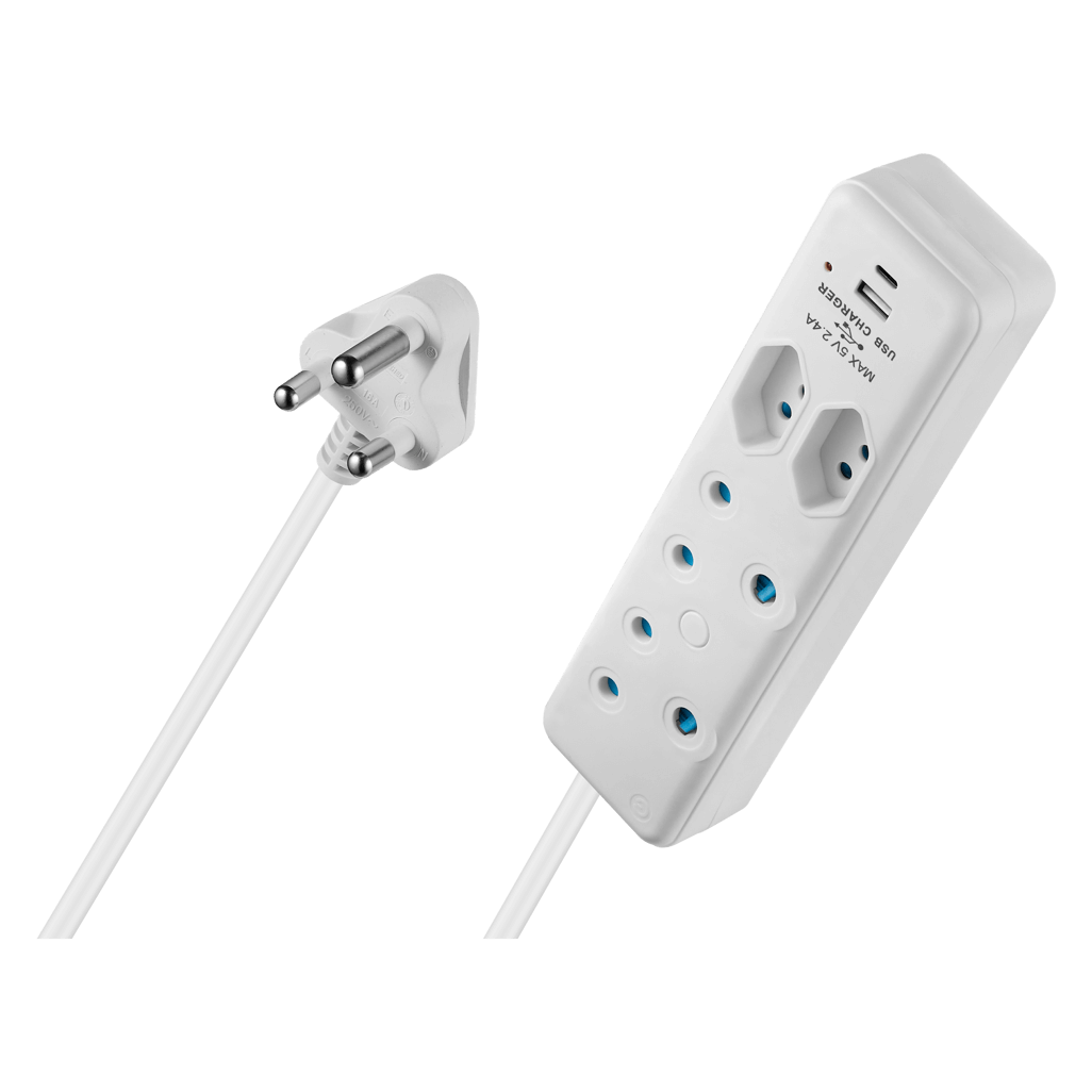 SWITCHED 4 Way Extension Lead with 1x Type C and 1x USB - 2M, perfect for connecting multiple devices.