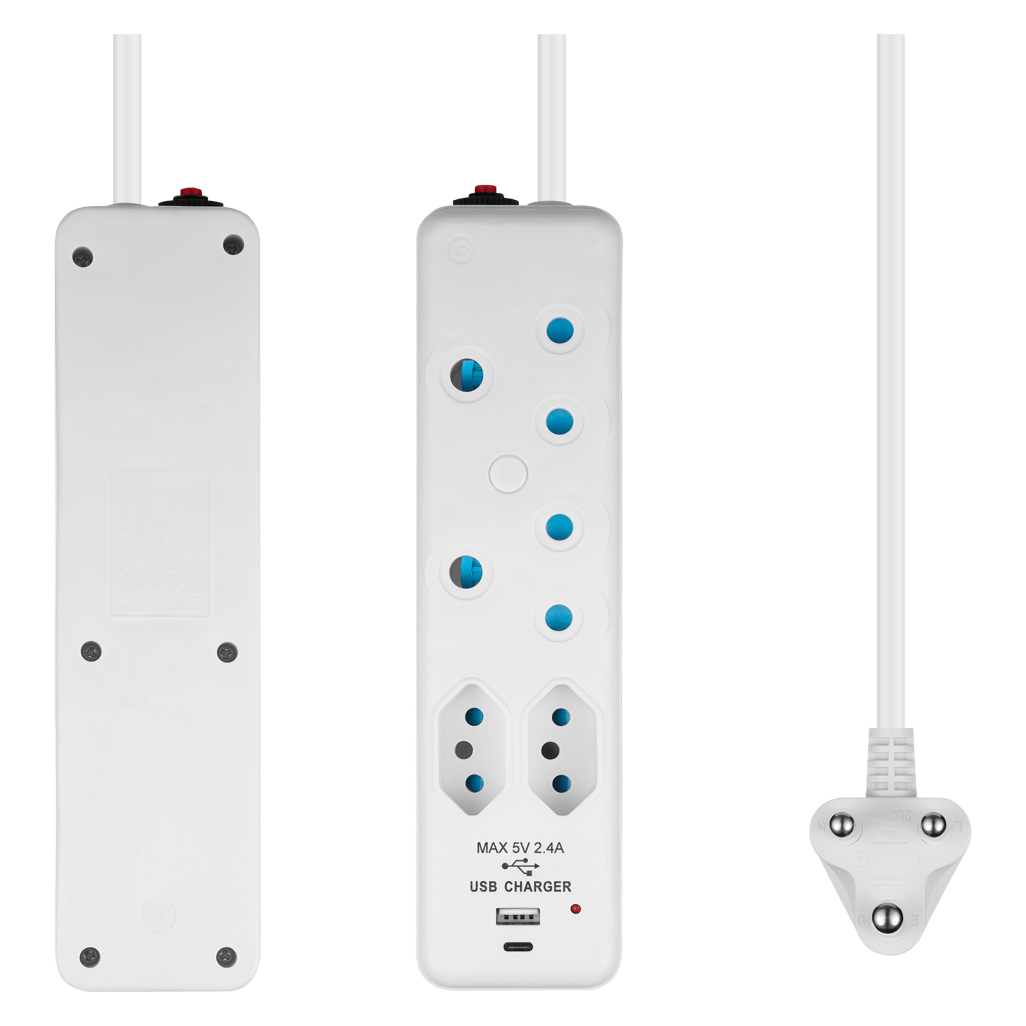 SWITCHED 4 Way Extension Lead with 1 Type C port and 1 USB, 2M length, in white, for convenient charging and power.