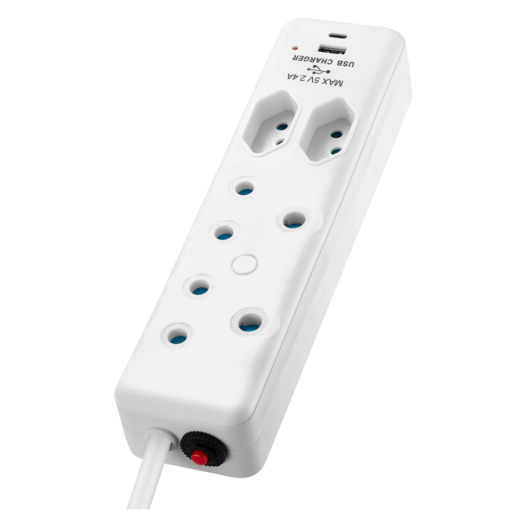 SWITCHED 4 Way Extension Lead with 1x Type C and 1x USB, 2 meters long, designed for multiple device charging.