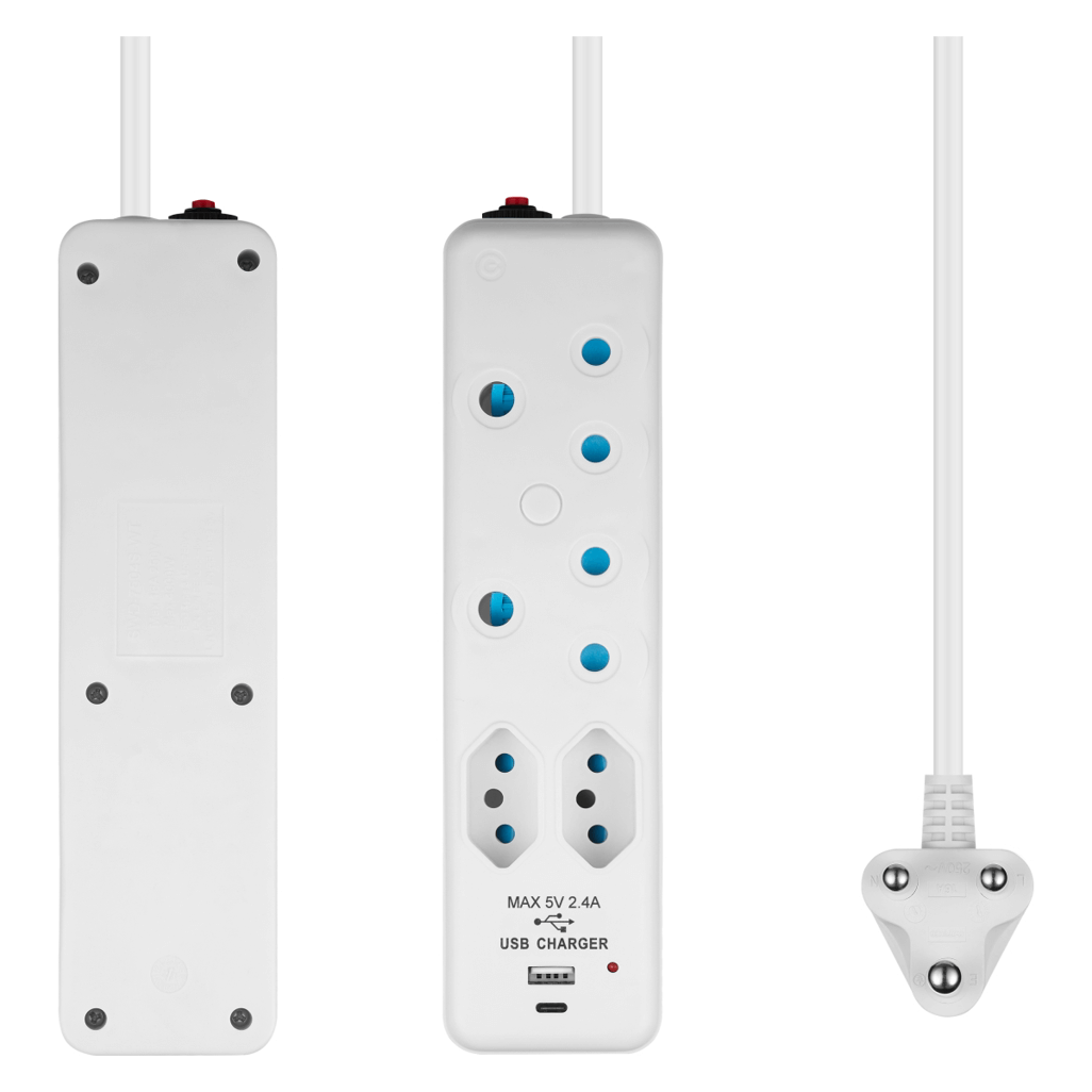 SWITCHED 4 Way Extension Lead with Type C and USB ports, 2M cable, designed for versatile charging and power needs.
