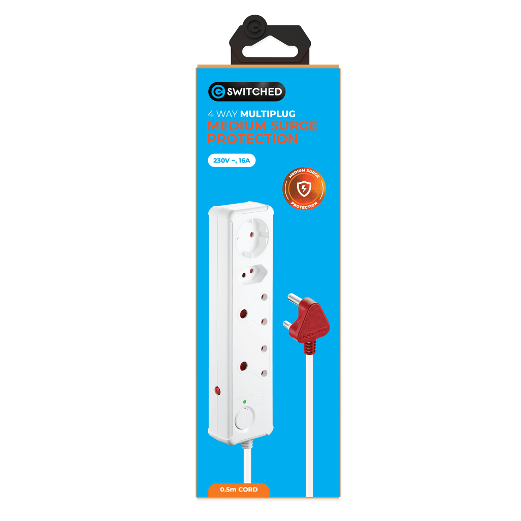 SWITCHED 4 Way Medium Surge Protected Multiplug with 0.5M Cord in White, ideal for safe electrical connections.