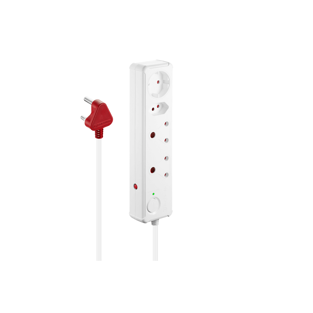 SWITCHED 4 Way Medium Surge Protected Multiplug with 0.5M cord in white color, perfect for home or office use.