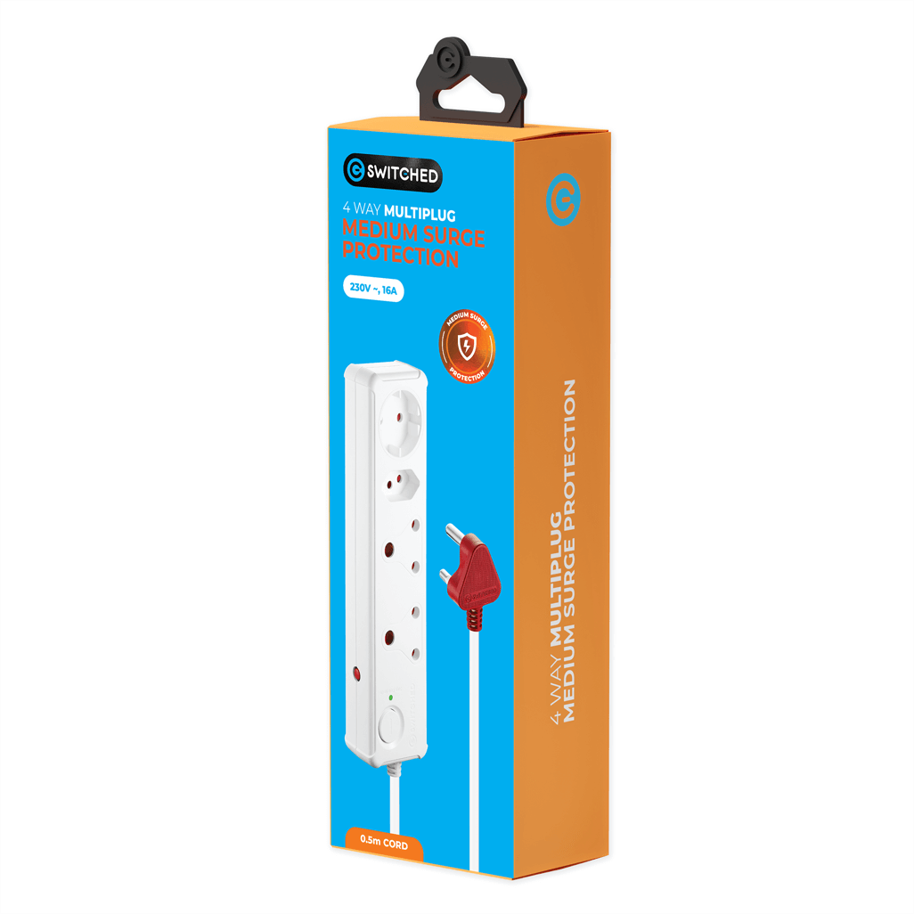 Switched 4 Way Medium Surge Protected Multiplug with 0.5M cord, designed for safety and convenience in household use.