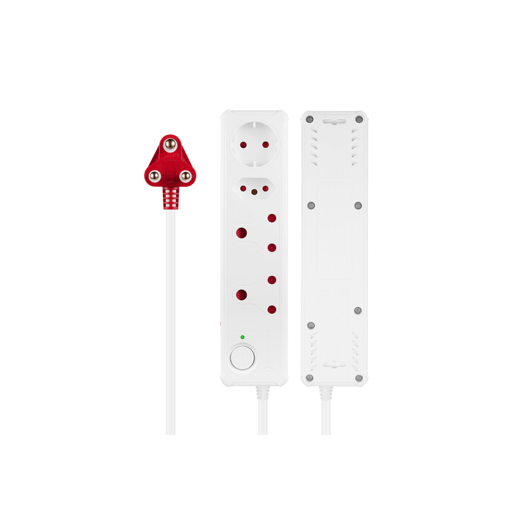 SWITCHED 4 Way Medium Surge Protected Multiplug 0.5M Cord in white with red accents, designed for safety and efficiency.