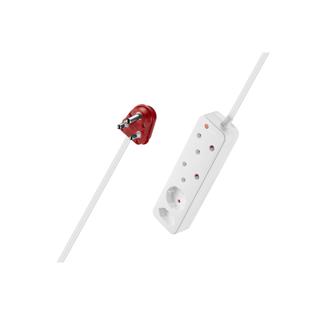 SWITCHED High Surge 4 Way Multiplug 0.5M with red plug and white power strip for multiple devices.