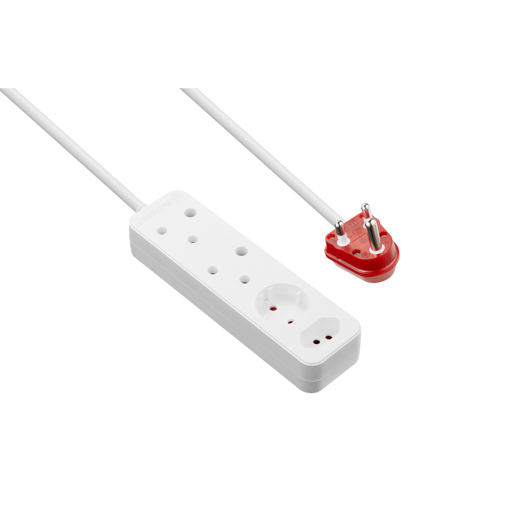 SWITCHED High Surge 4 Way Multiplug 0.5M 1140J with white body and red plug for safe power connection.