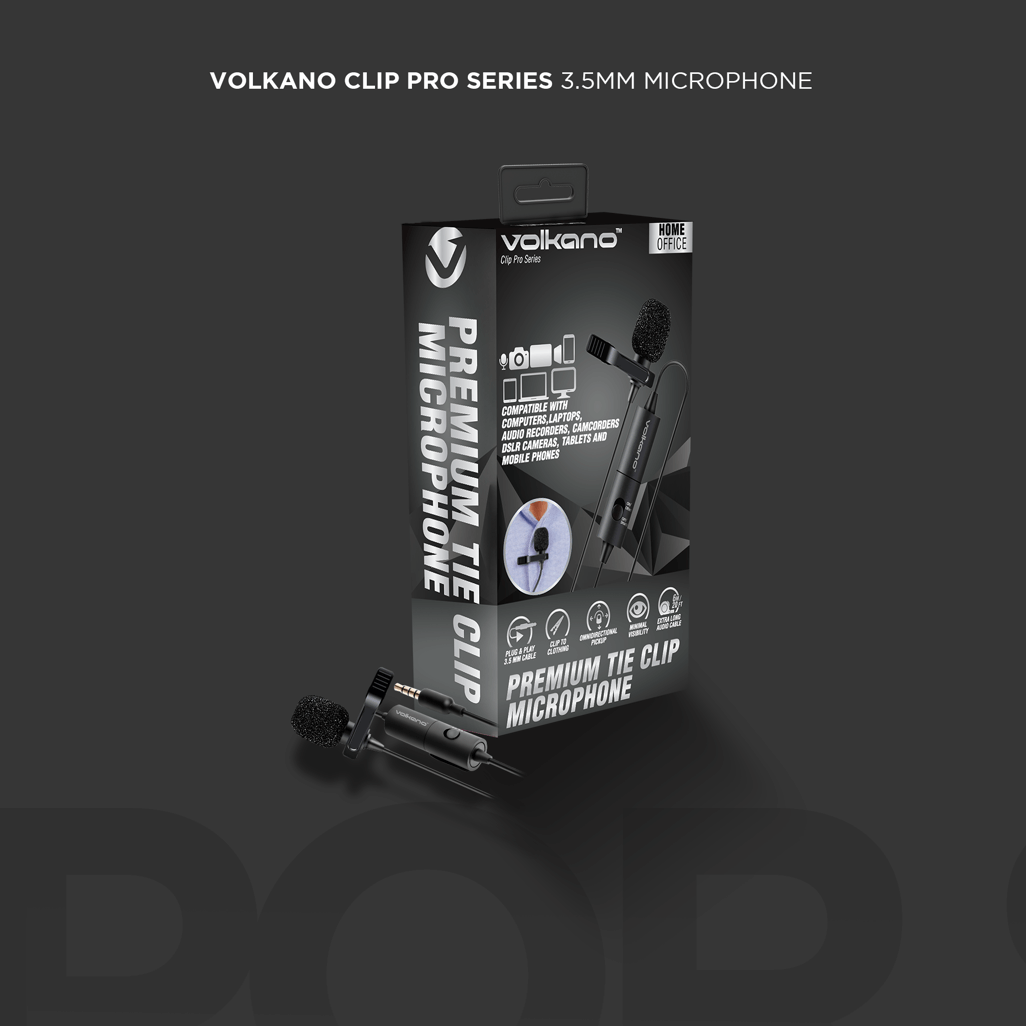 Volkano Clip Pro 3.5mm Microphone packaging, ideal for quality audio recording and content creation. Elevate your sound!