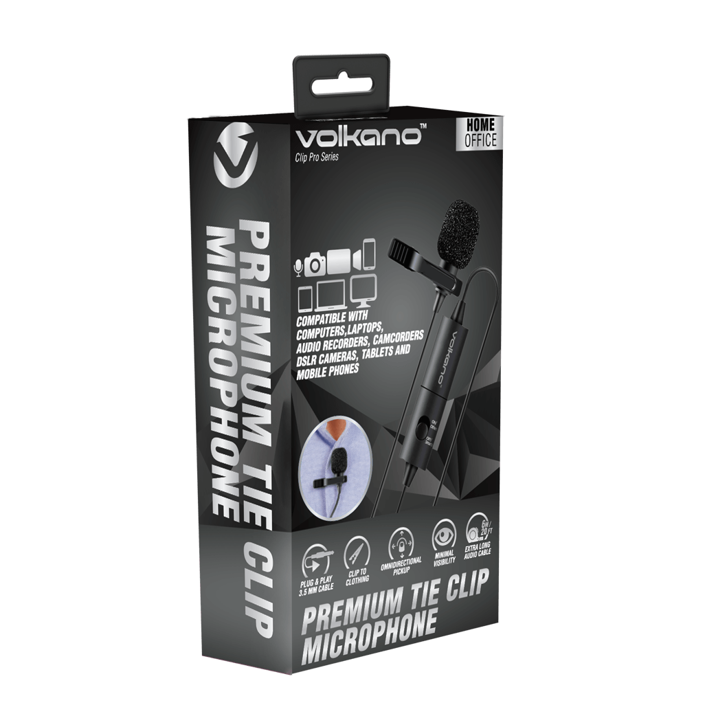 Exciting Volkano Clip Pro 3.5mm Microphone packaging, ideal for content creators wanting exceptional audio quality.