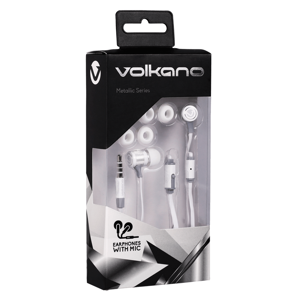 Volkano Earphones with Mic -METALLIC SERIES - White