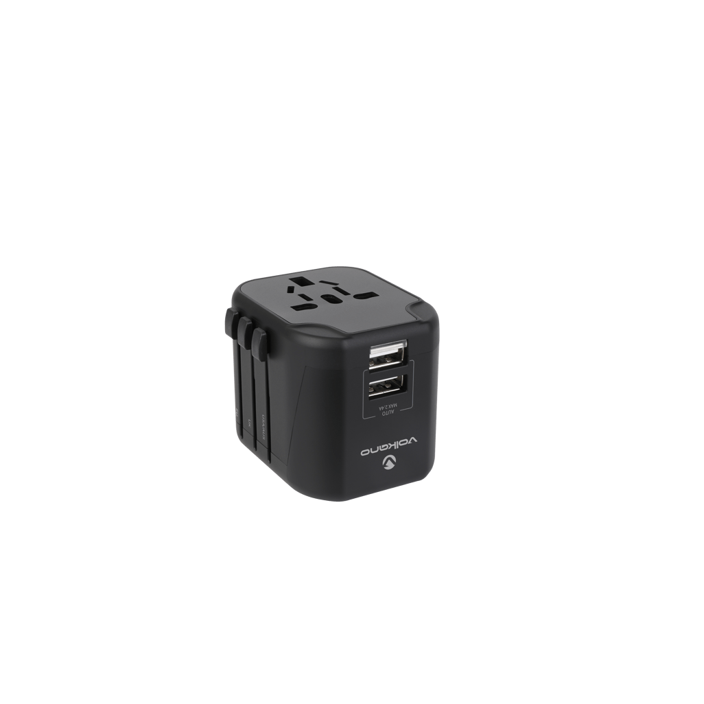 Volkano International Series Travel Adapter with USB ports, compact design for global travel.