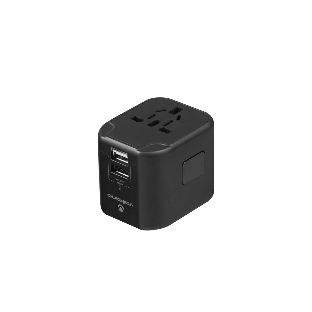 Volkano International Series Travel Adapter in black, featuring USB ports and multi-country plug compatibility.