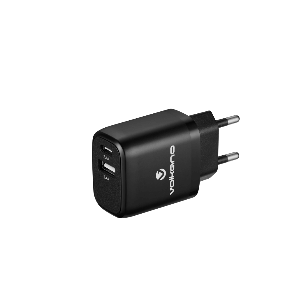 Volkano On-The-Go Dual Wall Charger with two USB ports for fast charging, compact design for portability.