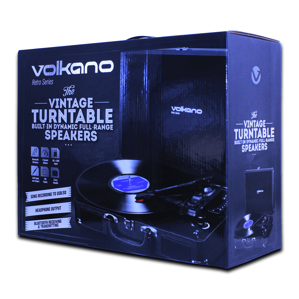 Volkano Retro Series turntable in a portable case with vintage speakers for organic vinyl playback and modern connectivity.