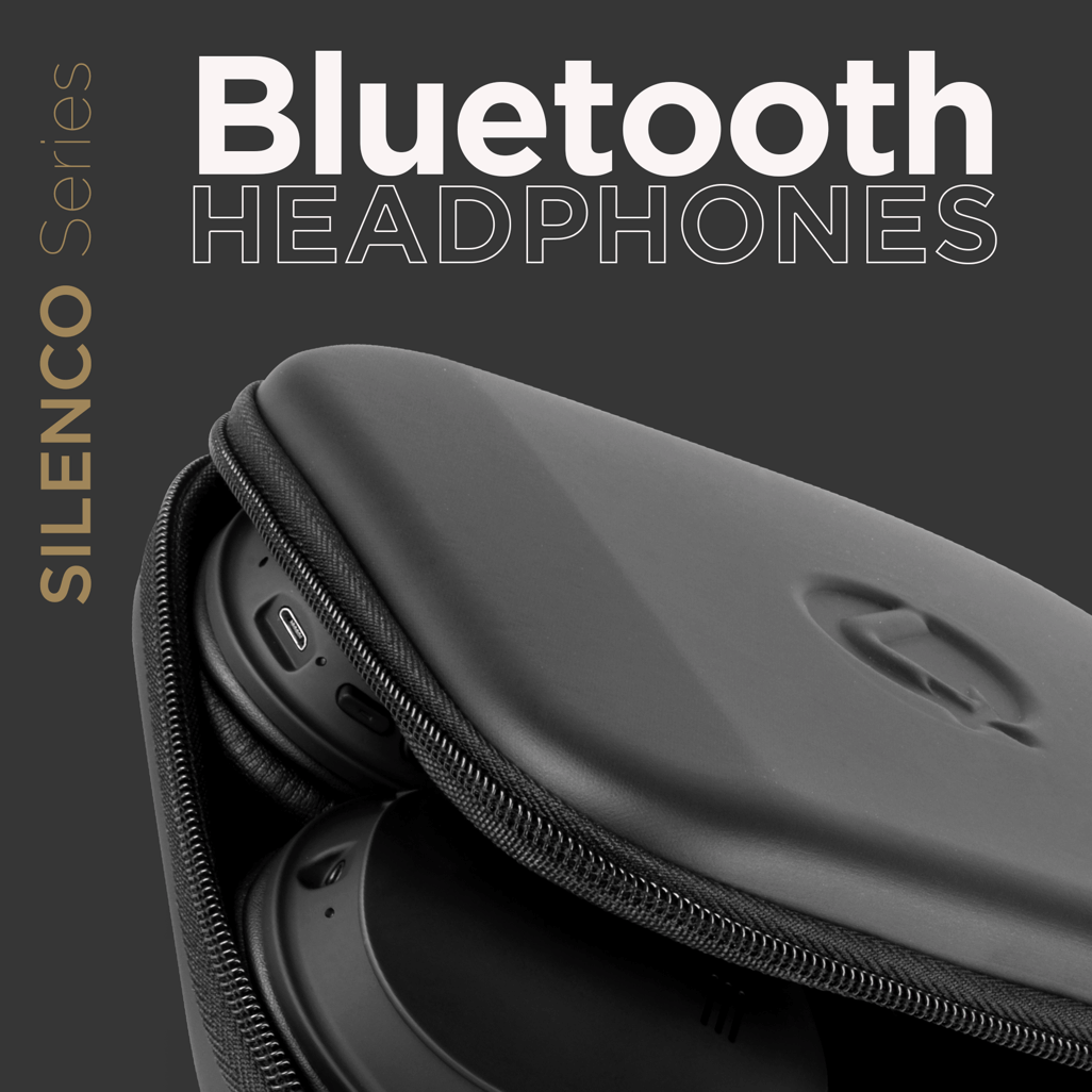 VolkanoX Silenco Series active noise cancelling Bluetooth headphones in a sleek case, emphasizing organic audio experience.