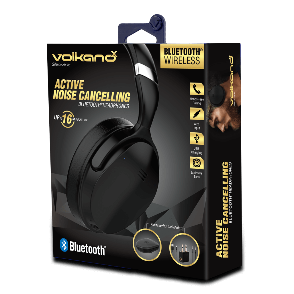 VolkanoX Silenco series Bluetooth headphones packaging showcasing active noise cancelling feature in black.