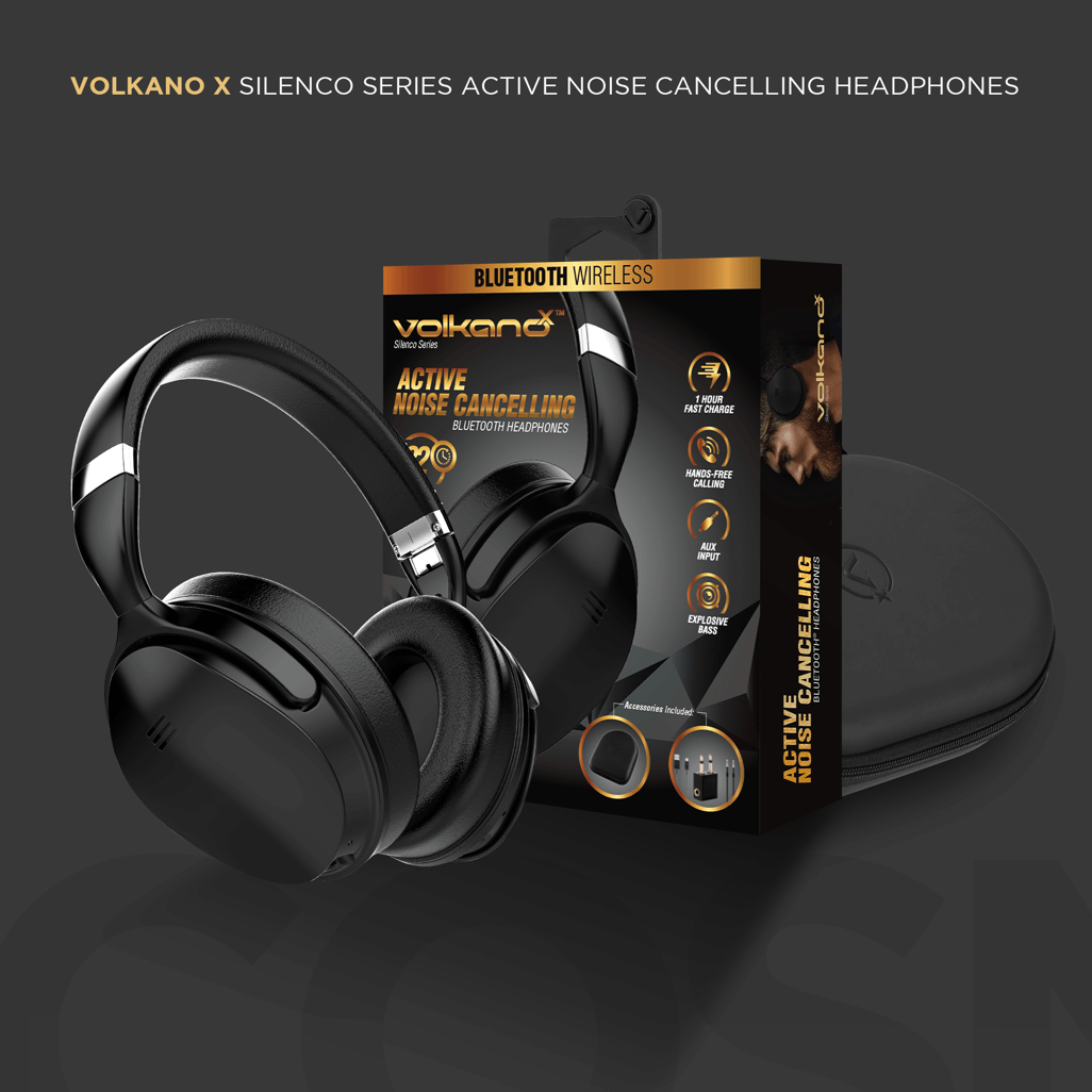 VolkanoX Silenco Series black active noise cancelling Bluetooth headphones with packaging and carrying case