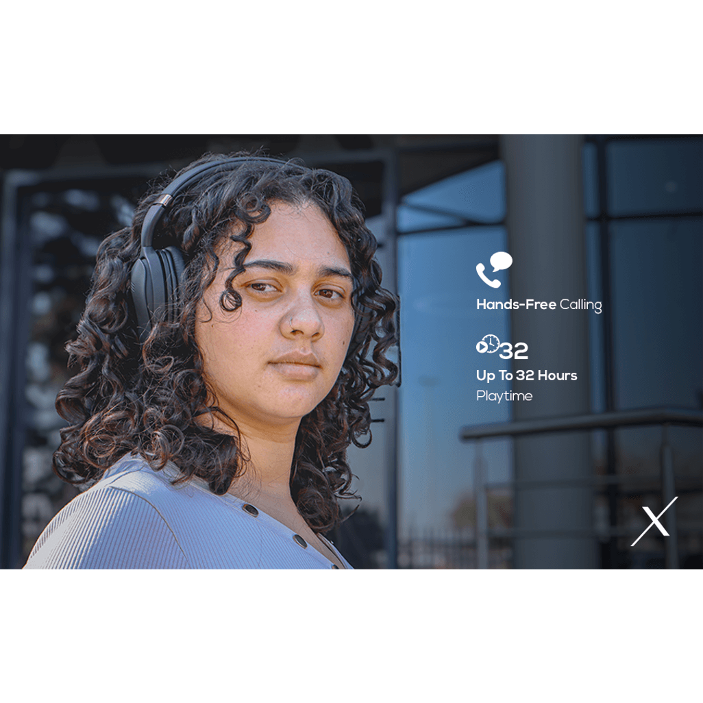 Person wearing VolkanoX Silenco Active Noise Cancelling headphones, highlighting hands-free calling and 32-hour playtime.