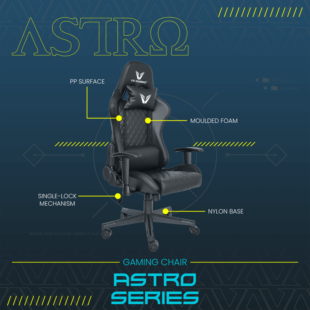VX Gaming Astro Gaming Chair With Nylon Base, High Quality Faux Leather, 170 Degree Recline
