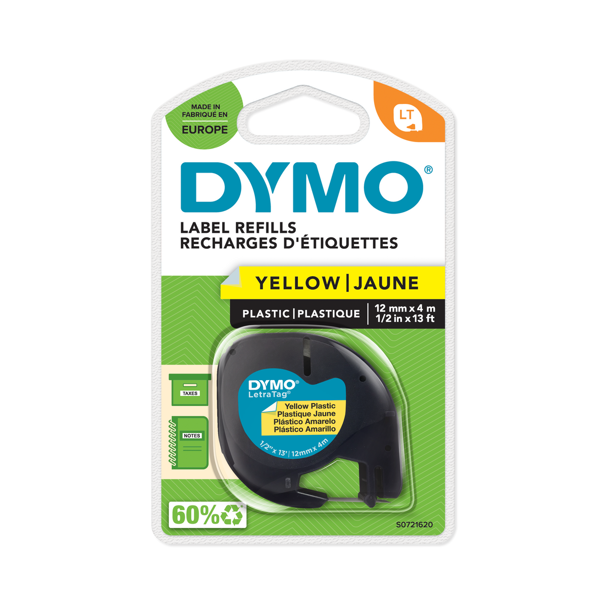 DYMO LetraTag Tape -  Plastic - Black on Yellow - 12mmx4m