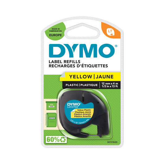 DYMO LetraTag Tape -  Plastic - Black on Yellow - 12mmx4m