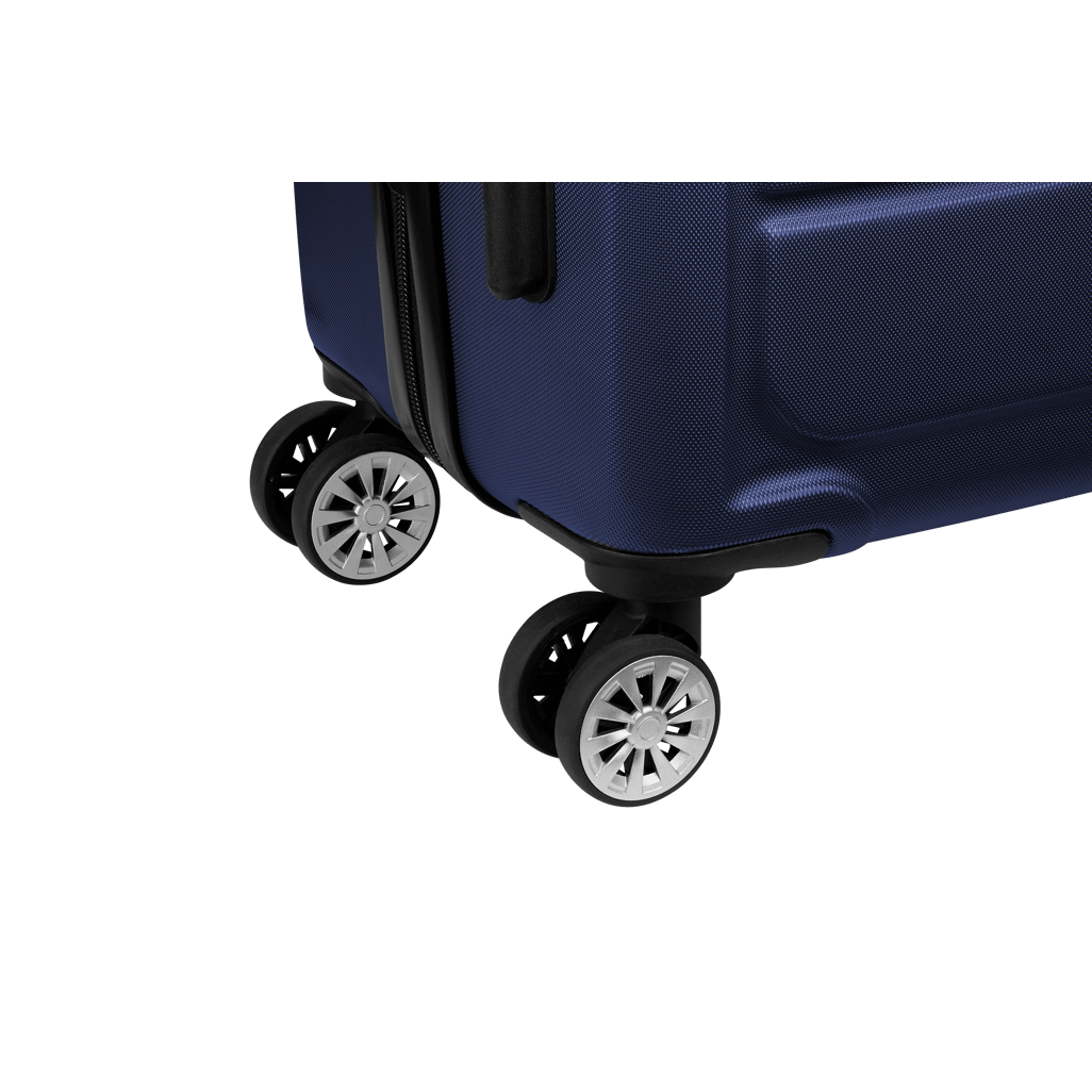 Close-up of Travelwize Maple ABS 65cm navy spinner luggage showing 4 durable wheels for easy maneuvering.