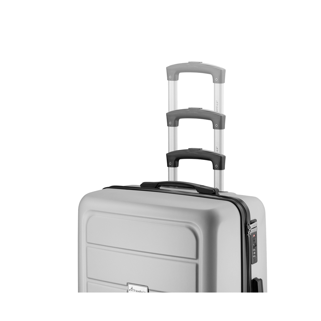 Close-up of Travelwize Maple ABS 55cm silver luggage with retractable handle and 4 wheels.
