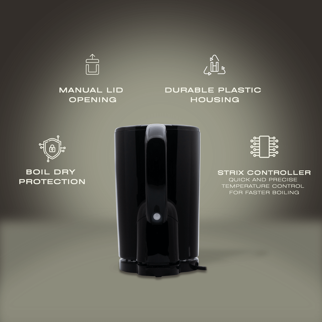ELEKTRA 1.7L cordless kettle black with features: manual lid opening, durable plastic housing, Strix controller for safety.