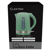 ELEKTRA 1.7L cordless kettle in green with 360° base, water level indicator, and boil dry protection.