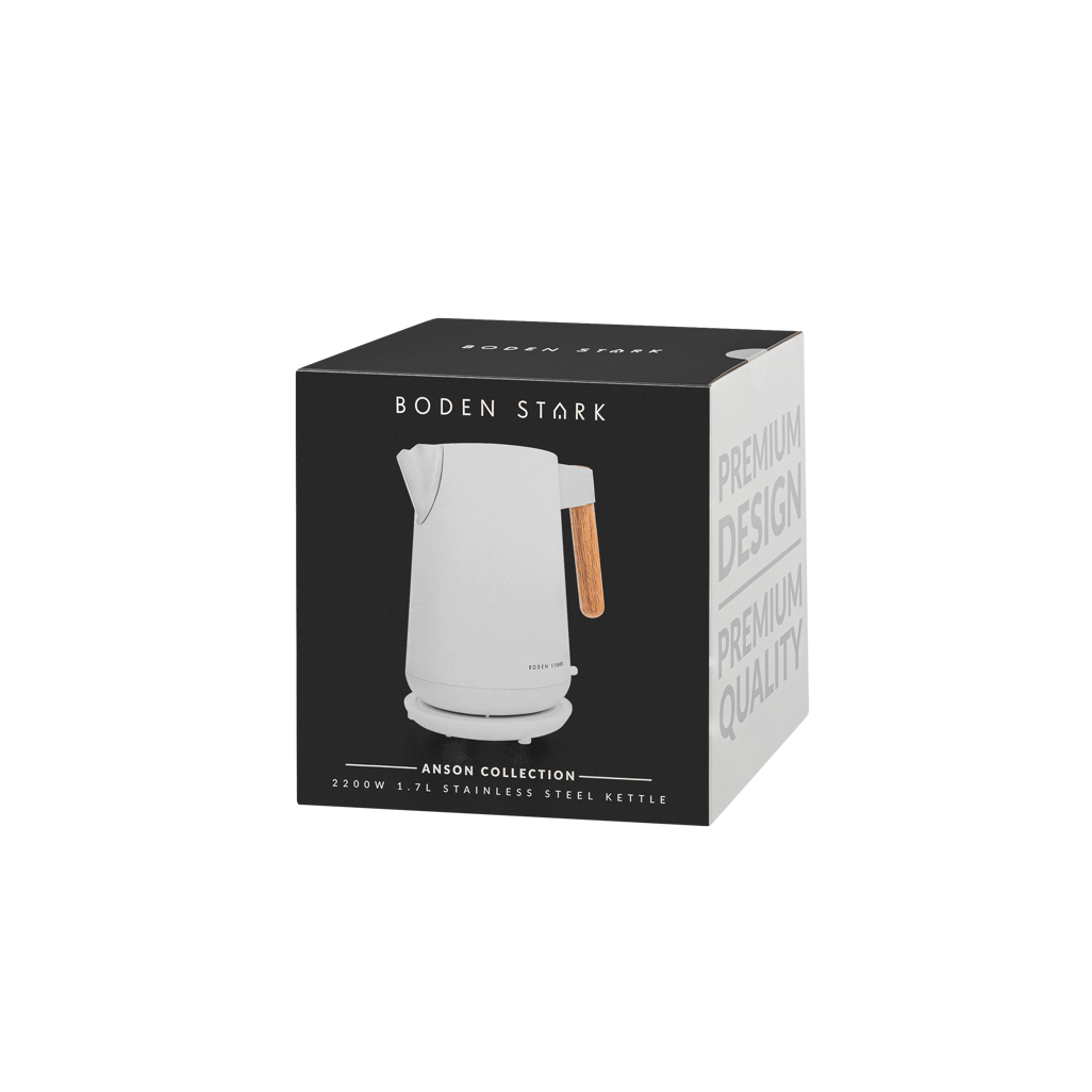 Boden Stark Anson Collection 1.7L 2000W stainless steel kettle in white packaging.