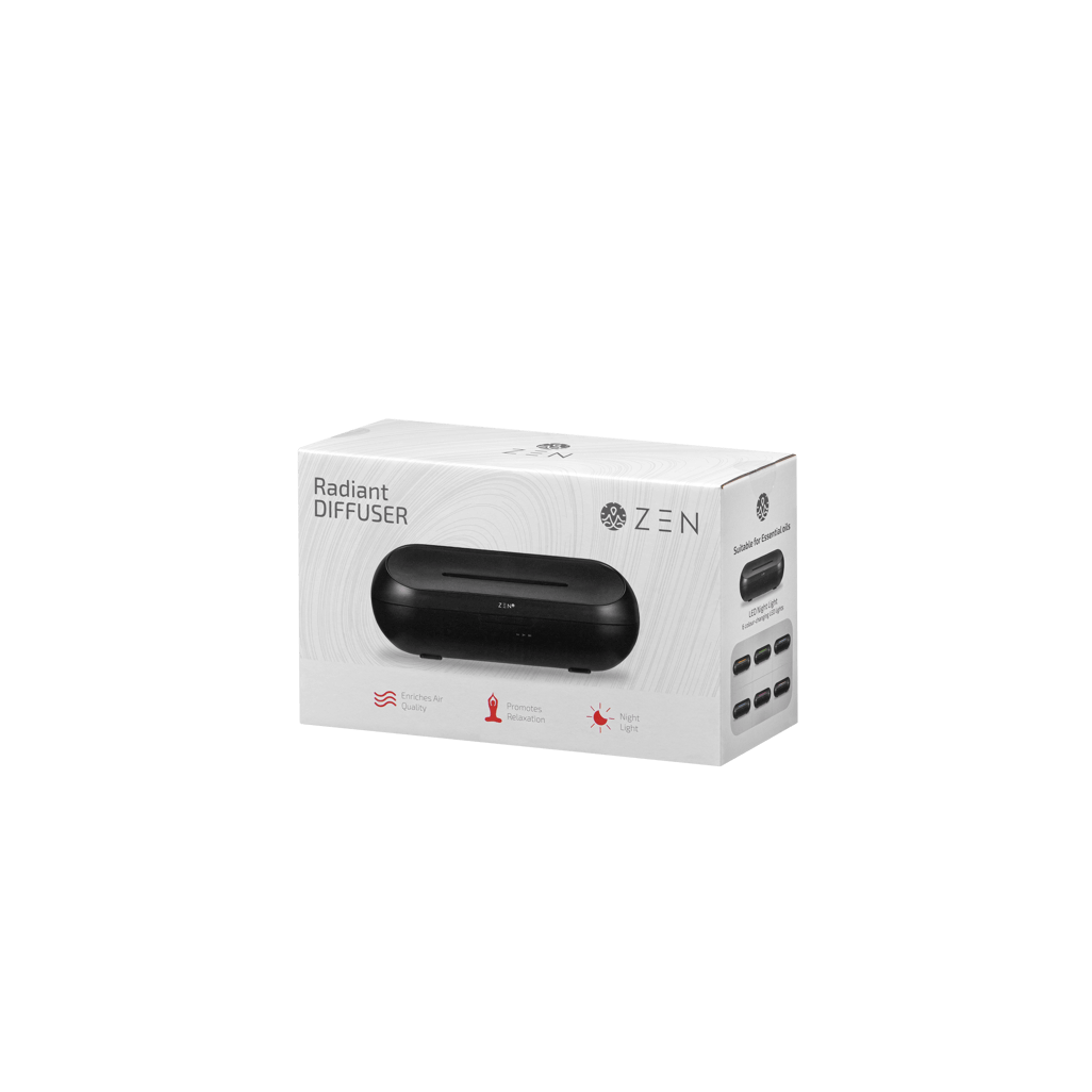 Zen Radiant Diffuser - Black packaging view, showcasing sleek design and features for aromatherapy and relaxation.