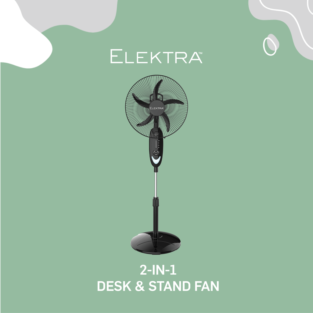 Elektra 2707 Everlast+ 2-in-1 desk and stand fan with sleek design, ideal for efficient cooling in any space.