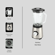 Boden Stark 1000W Glass Jug Blender with stainless steel body and 4 blades, featuring two speed settings with pulse.
