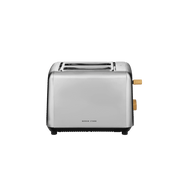 Boden Stark Anson Collection 2 Slice Stainless Steel Toaster with red oak knobs, showcasing modern kitchen elegance.