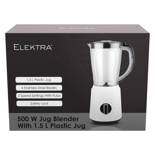 ELEKTRA 500W Jug Blender packaging with 1.5L plastic jug, stainless steel blades, and speed settings.