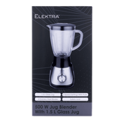 ELEKTRA 500W Jug Blender with 1.5L Glass Jug, 5 Speed Settings, stainless steel blades, and safety lock.