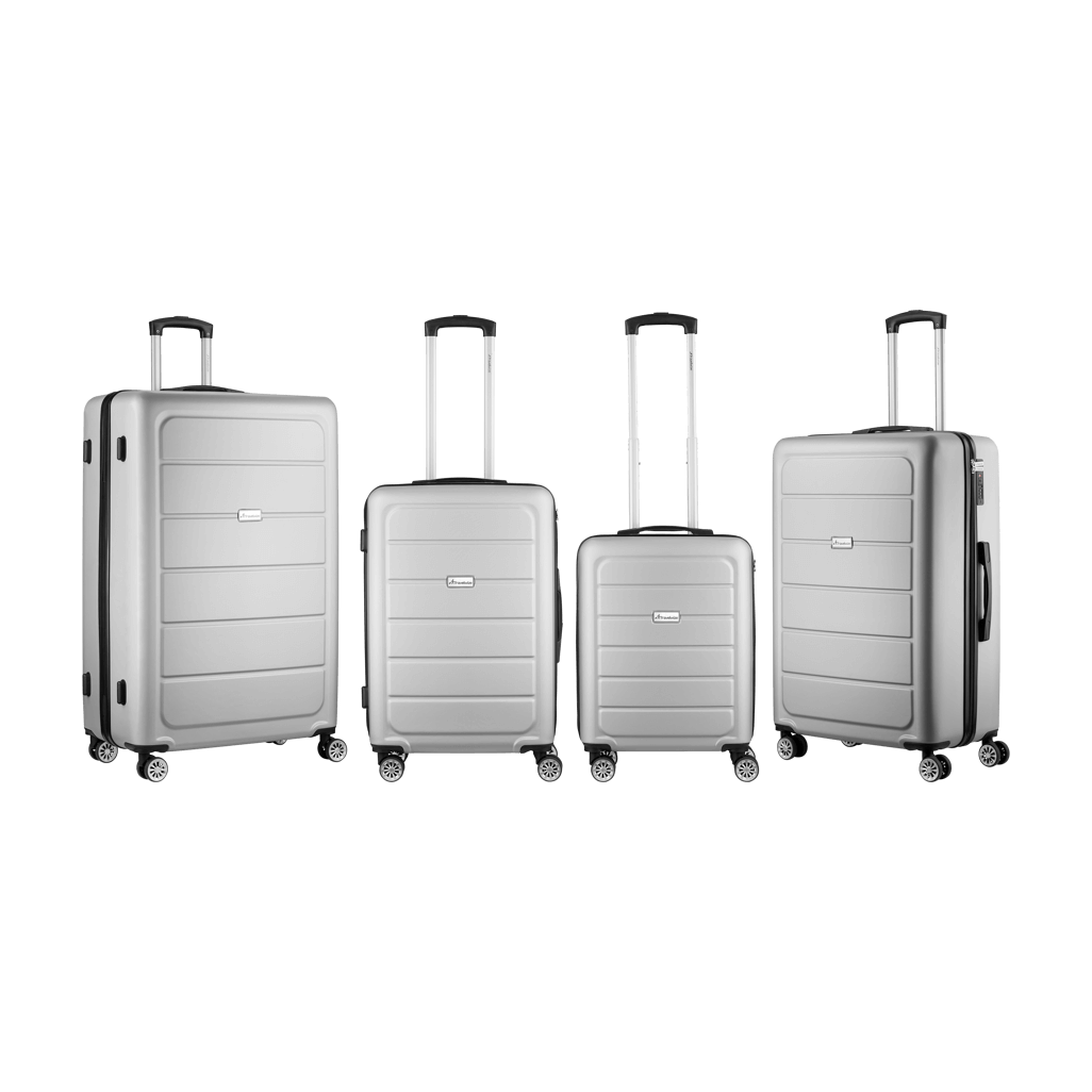 Travelwize Maple ABS silver spinner luggage set with four sizes, featuring 4 wheels for easy maneuverability.