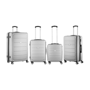 Travelwize Maple ABS silver spinner luggage set with four sizes, featuring 4 wheels for easy maneuverability.