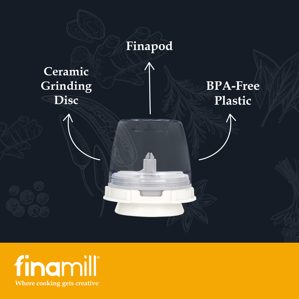 FINAMILL rechargeable grinder showing Finapod, ceramic grinding disc, and BPA-free plastic design.