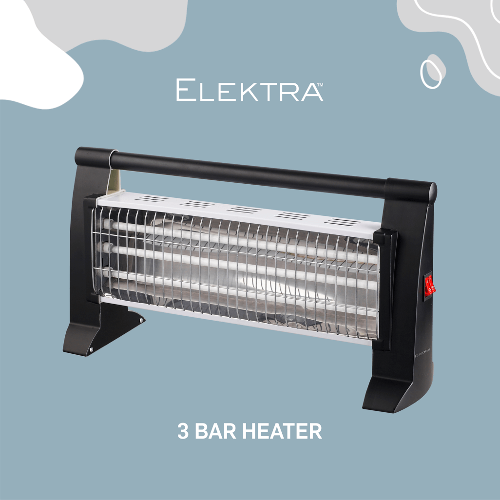 Elektra 3 Bar Heater with safety features, compact design, ideal for small spaces and easy to carry.