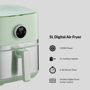 Boden Stark 5.0L Digital Air Fryer in green, featuring 1450W power, 5L capacity, and intuitive digital touch screen control.