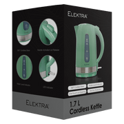ELEKTRA 1.7L cordless kettle in green with 360° base, water level indicator, and one-touch opening.