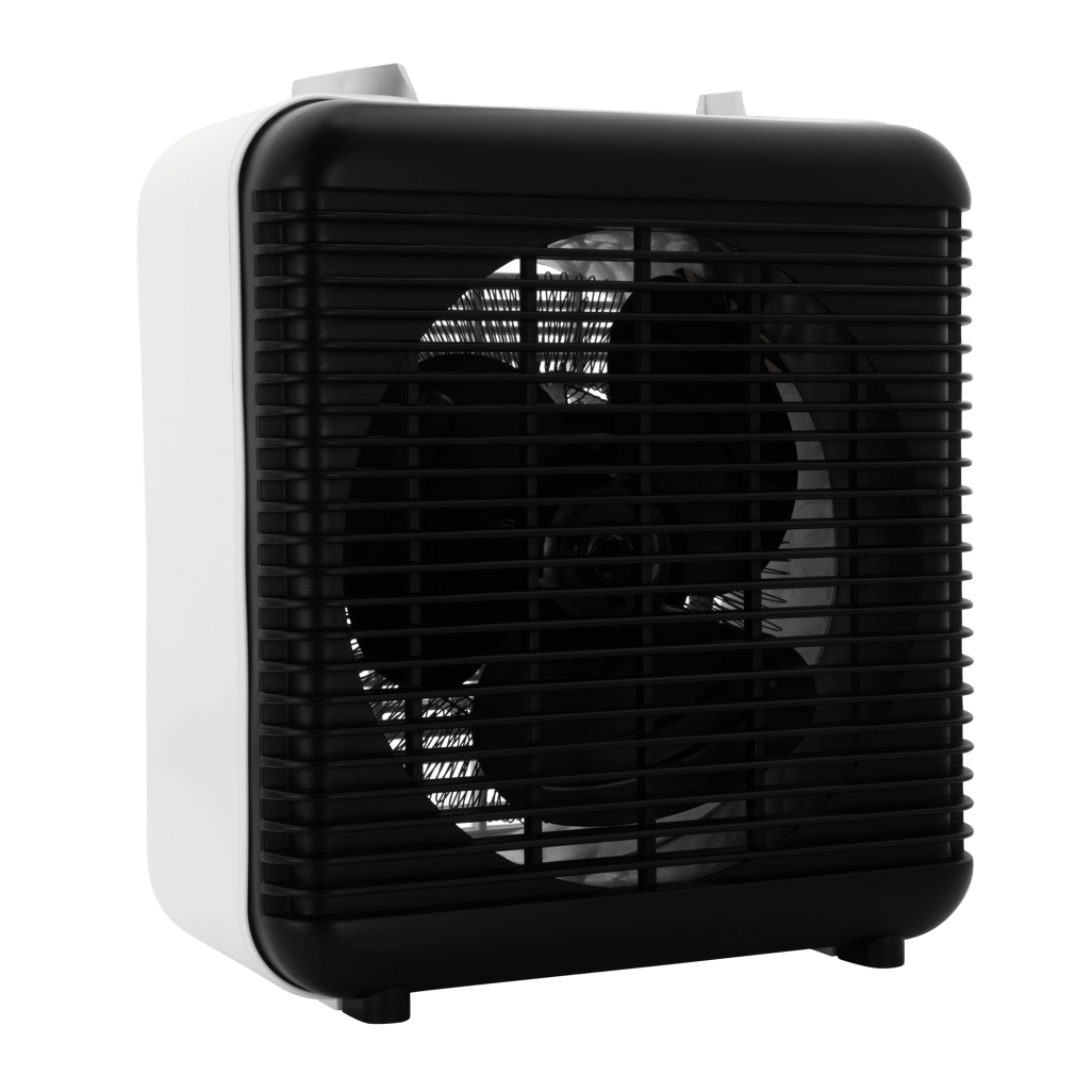 Elektra Square Fan Heater in black and white, featuring a compact design and visible front fan, ideal for efficient heating.