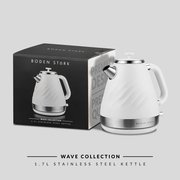 Boden Stark 1.7L White Stainless Steel Kettle with box, featuring a premium design and smooth, modern aesthetic.