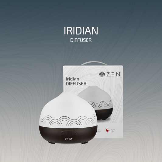 Zen Iridian Diffuser in dark wood, elegantly designed to enhance aromatherapy with soft lighting.