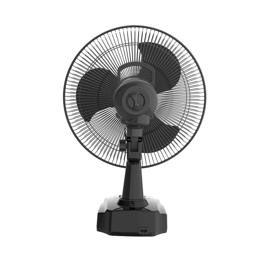 Back view of ELEKTRA EVERLAST 12 inch desk fan showcasing its sleek design and adjustable head for optimal airflow.