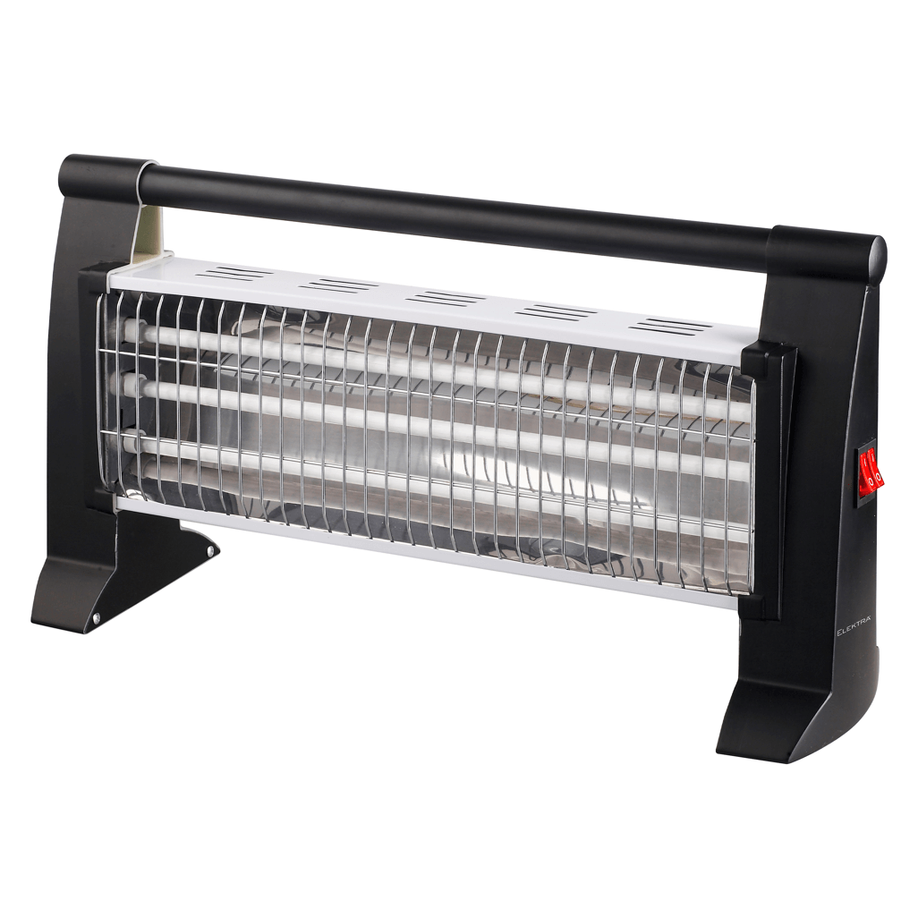 Elektra 3 Bar Heater with safety tip-over switch, compact design, and carry handle for easy portability.