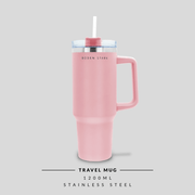 Boden Stark 1200ml pink travel mug with straw and stainless steel design, perfect for on-the-go beverages.