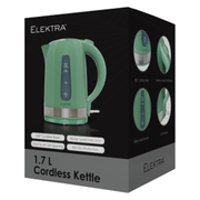 ELEKTRA 2200W 1.7L plastic cordless kettle in green with 360° base and water level indicator.